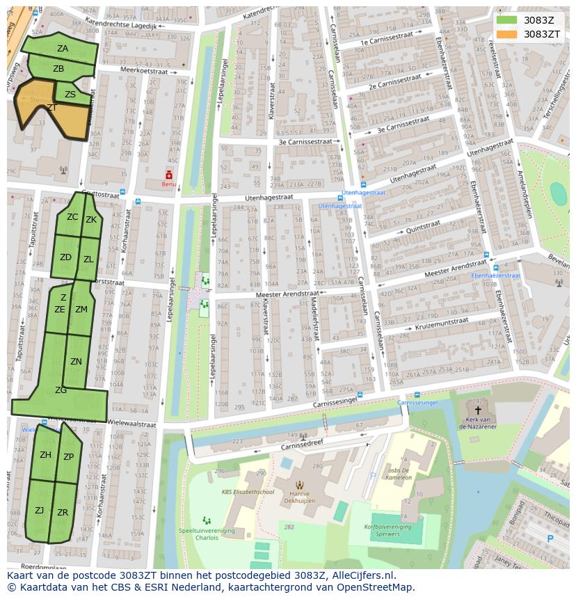 Afbeelding van het postcodegebied 3083 ZT op de kaart.