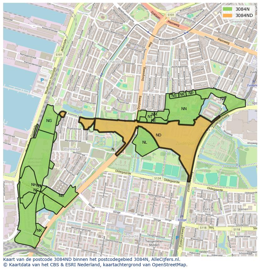 Afbeelding van het postcodegebied 3084 ND op de kaart.