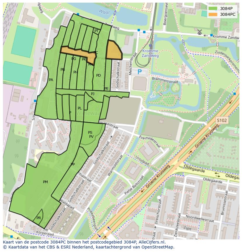 Afbeelding van het postcodegebied 3084 PC op de kaart.