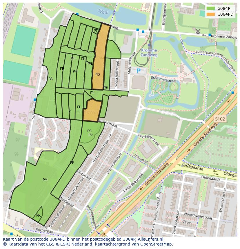 Afbeelding van het postcodegebied 3084 PD op de kaart.