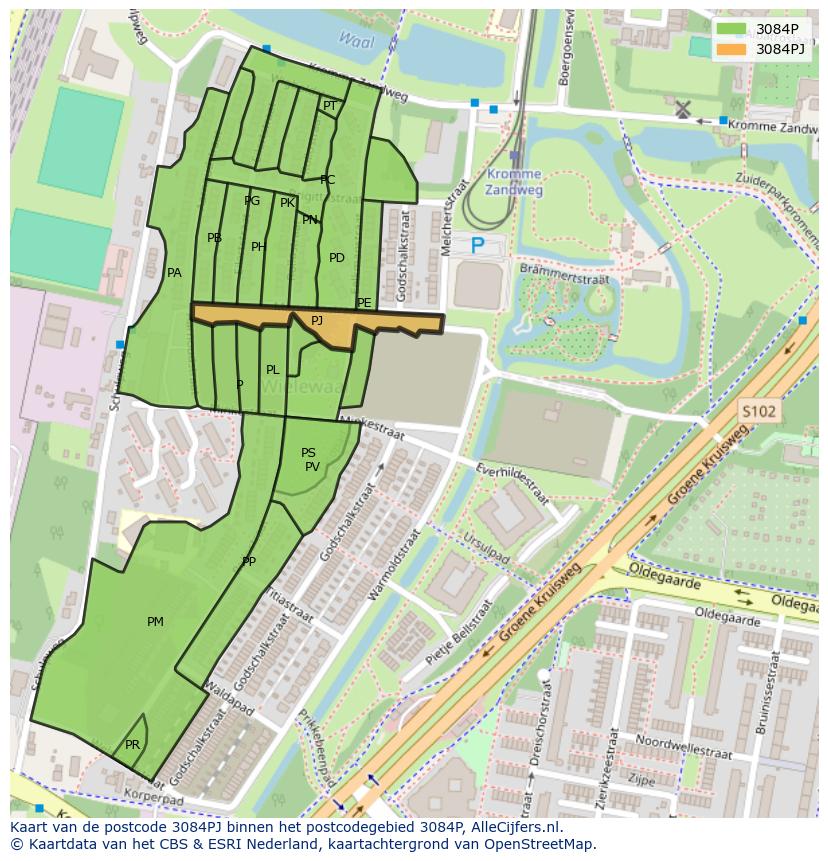 Afbeelding van het postcodegebied 3084 PJ op de kaart.