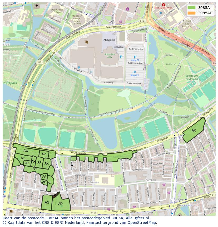 Afbeelding van het postcodegebied 3085 AE op de kaart.