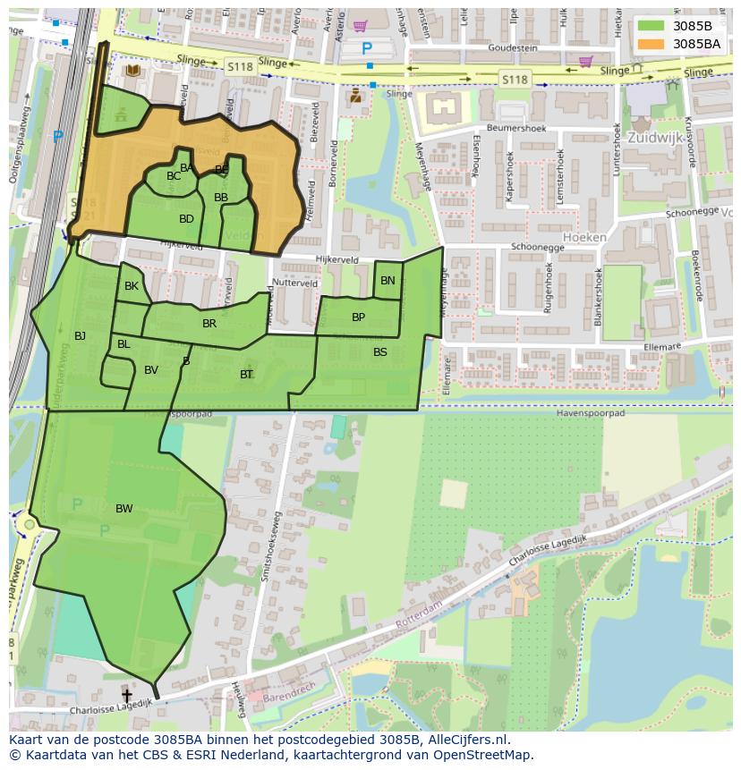 Afbeelding van het postcodegebied 3085 BA op de kaart.