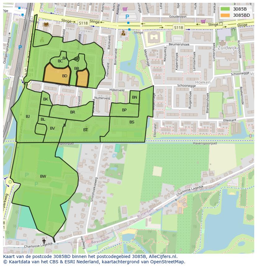Afbeelding van het postcodegebied 3085 BD op de kaart.