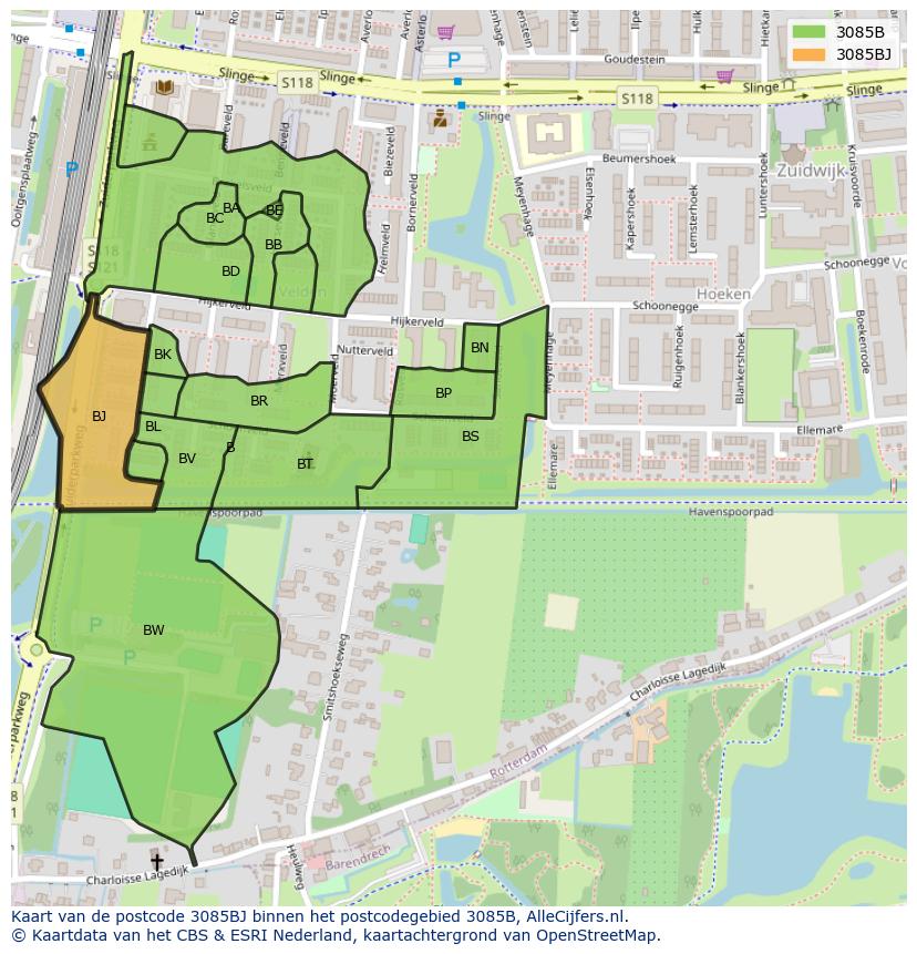 Afbeelding van het postcodegebied 3085 BJ op de kaart.