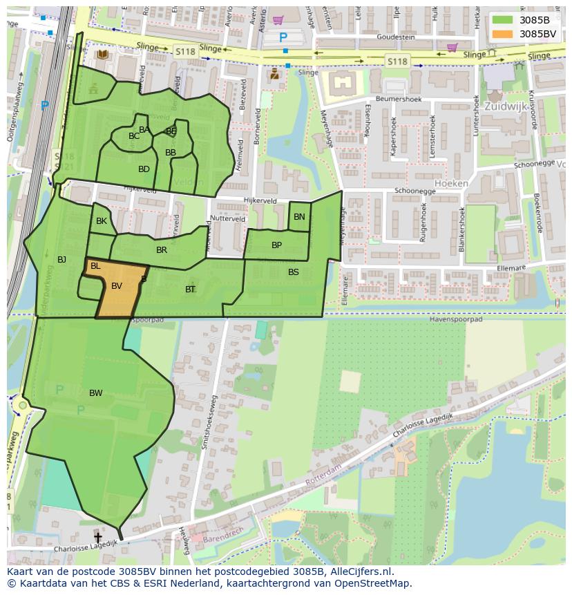 Afbeelding van het postcodegebied 3085 BV op de kaart.