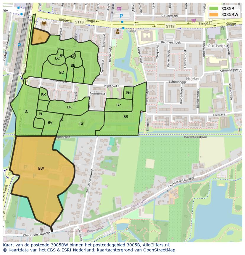 Afbeelding van het postcodegebied 3085 BW op de kaart.