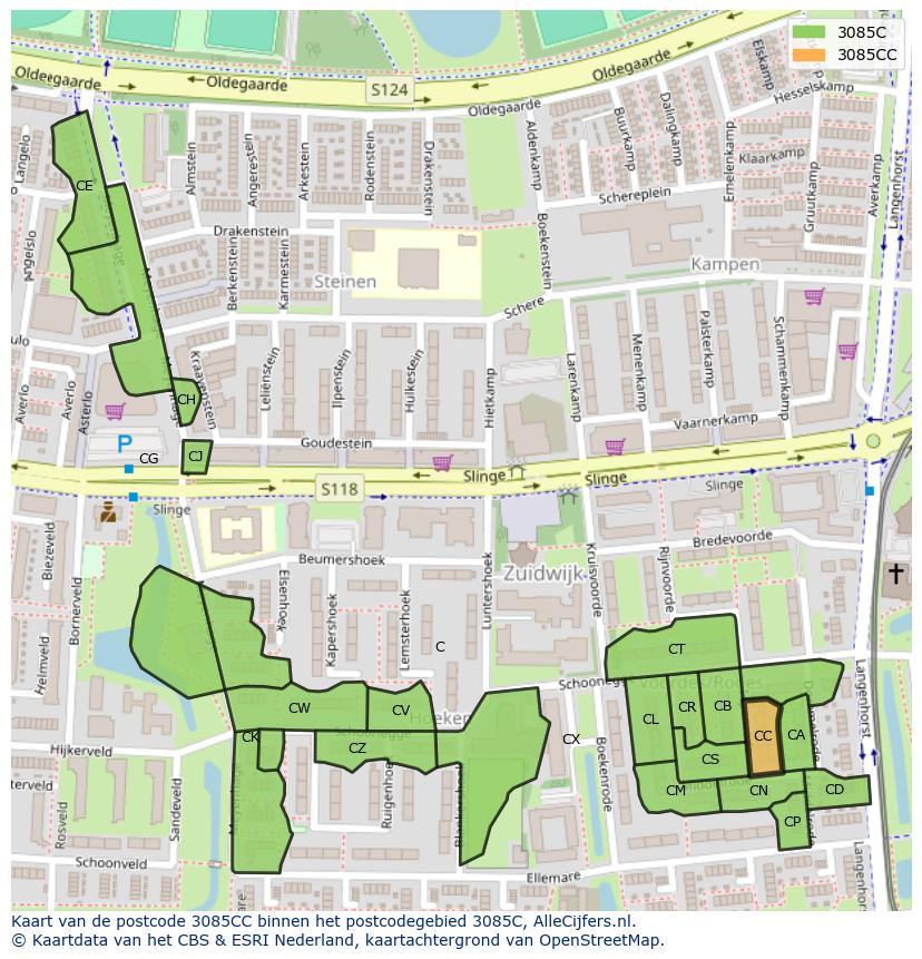 Afbeelding van het postcodegebied 3085 CC op de kaart.
