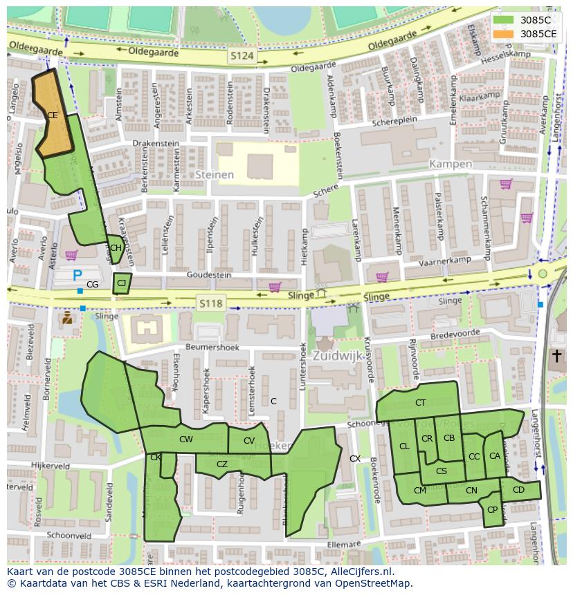 Afbeelding van het postcodegebied 3085 CE op de kaart.
