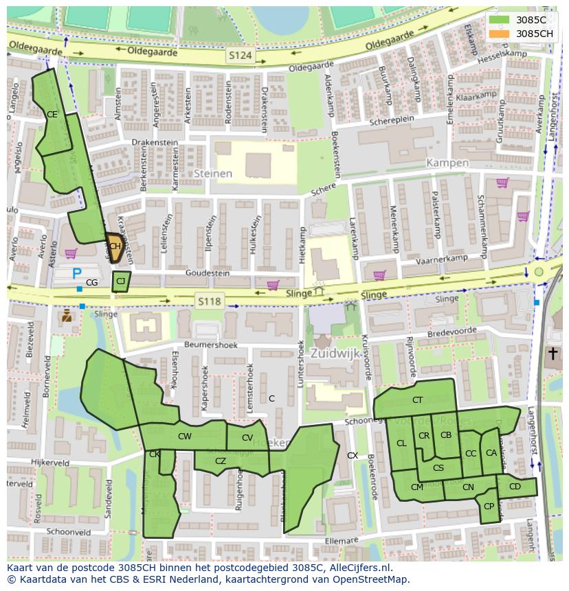 Afbeelding van het postcodegebied 3085 CH op de kaart.