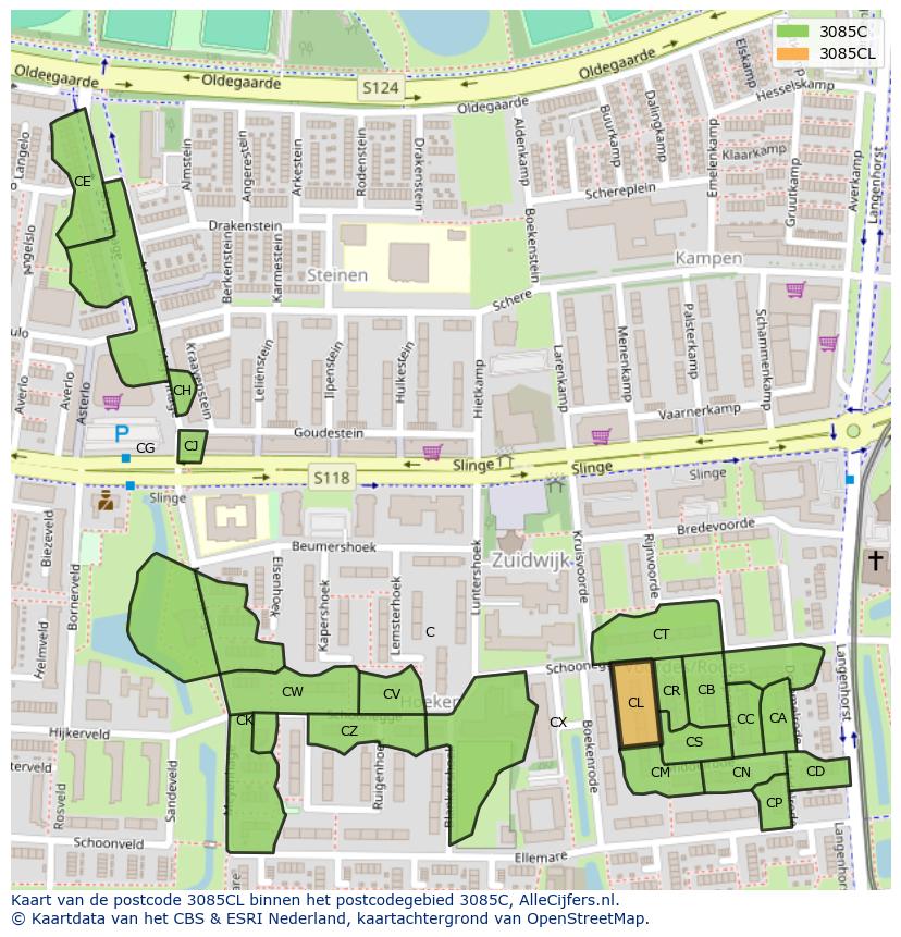 Afbeelding van het postcodegebied 3085 CL op de kaart.