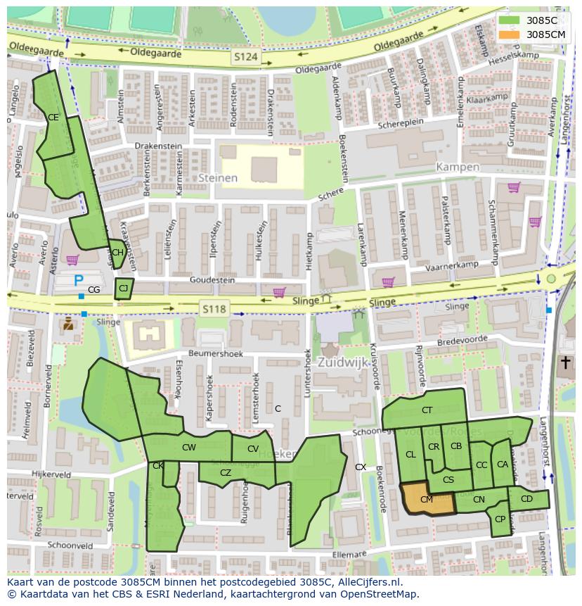 Afbeelding van het postcodegebied 3085 CM op de kaart.