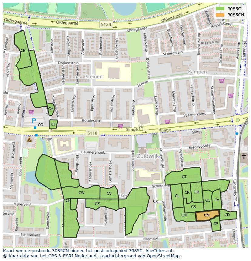 Afbeelding van het postcodegebied 3085 CN op de kaart.