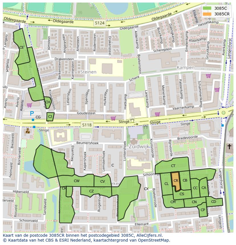 Afbeelding van het postcodegebied 3085 CR op de kaart.
