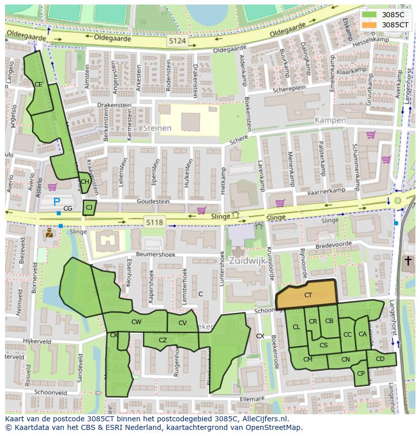 Afbeelding van het postcodegebied 3085 CT op de kaart.