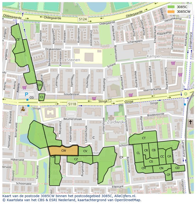 Afbeelding van het postcodegebied 3085 CW op de kaart.
