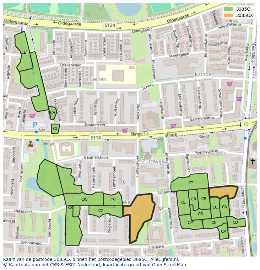 Afbeelding van het postcodegebied 3085 CX op de kaart.