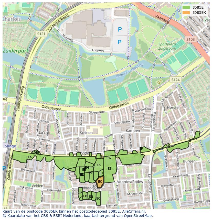 Afbeelding van het postcodegebied 3085 EK op de kaart.