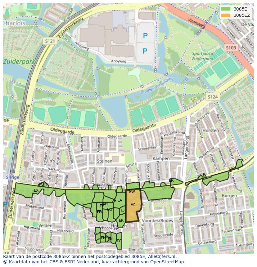 Afbeelding van het postcodegebied 3085 EZ op de kaart.