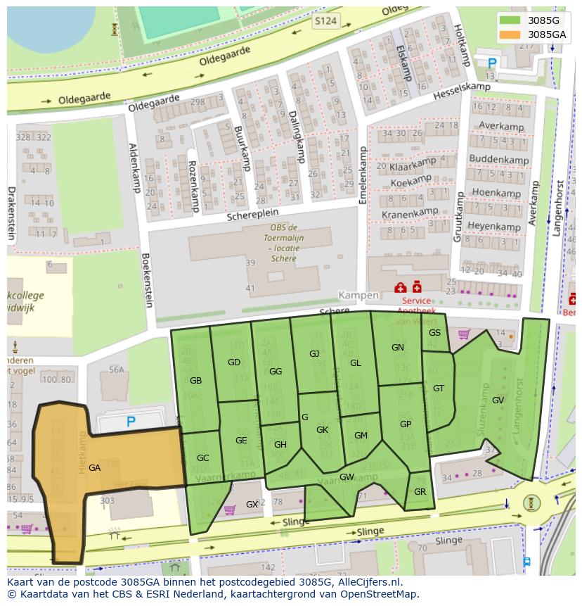 Afbeelding van het postcodegebied 3085 GA op de kaart.