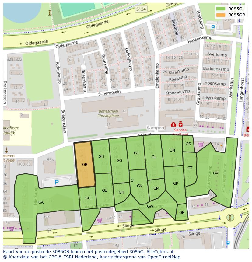 Afbeelding van het postcodegebied 3085 GB op de kaart.