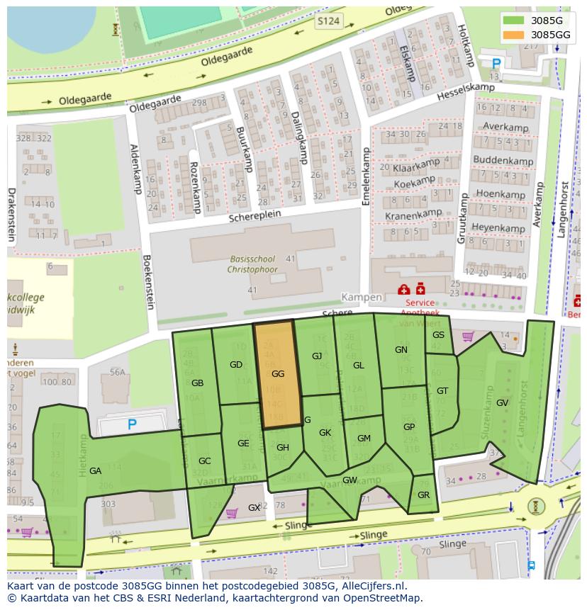 Afbeelding van het postcodegebied 3085 GG op de kaart.