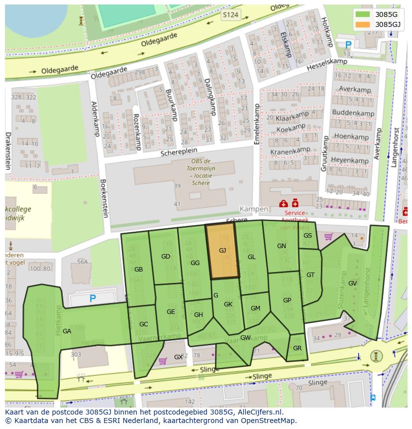 Afbeelding van het postcodegebied 3085 GJ op de kaart.