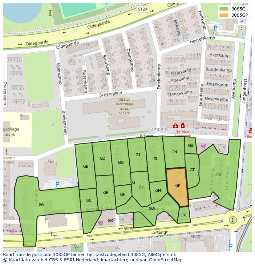 Afbeelding van het postcodegebied 3085 GP op de kaart.