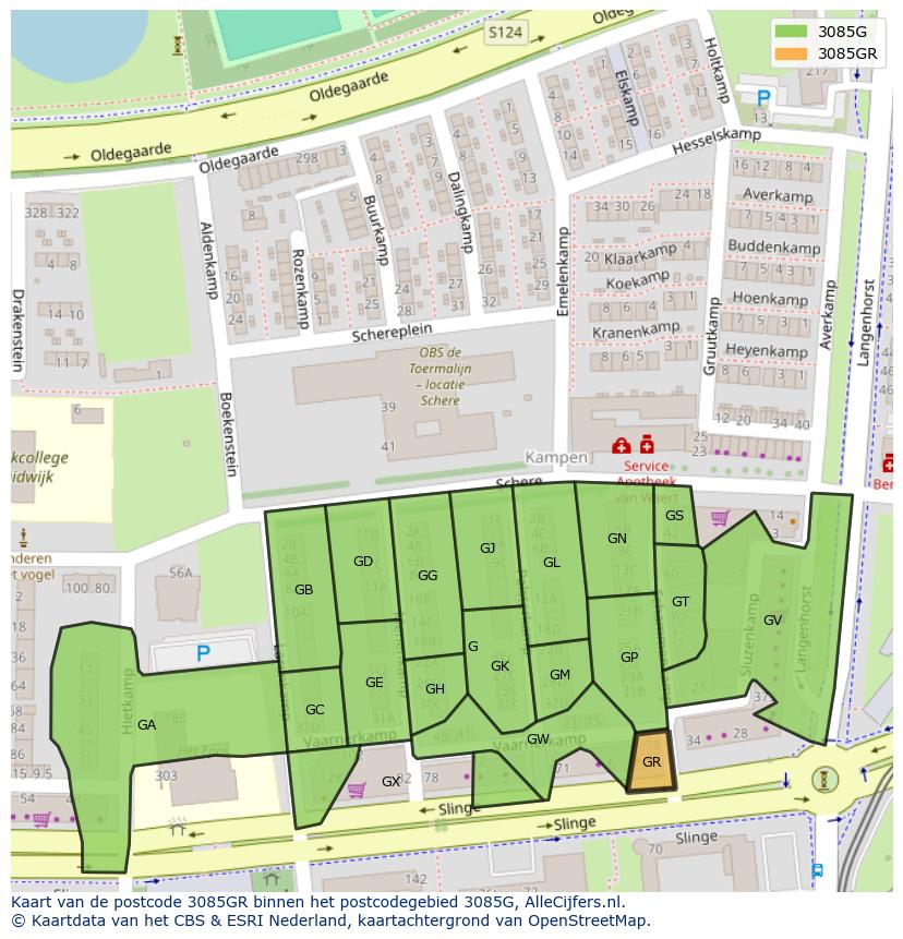 Afbeelding van het postcodegebied 3085 GR op de kaart.