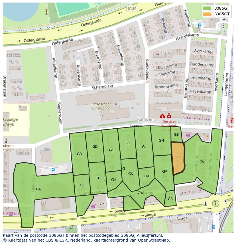 Afbeelding van het postcodegebied 3085 GT op de kaart.