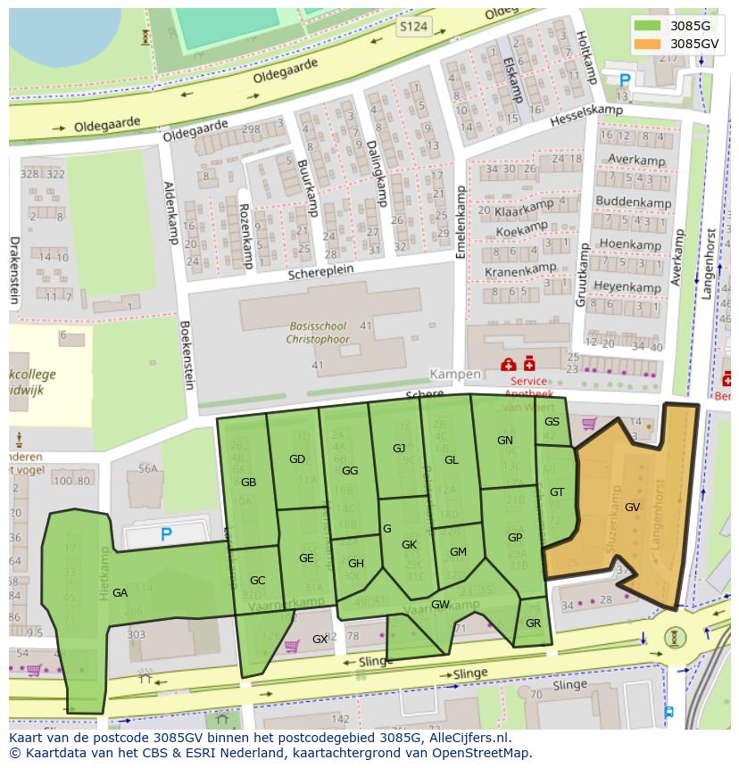 Afbeelding van het postcodegebied 3085 GV op de kaart.