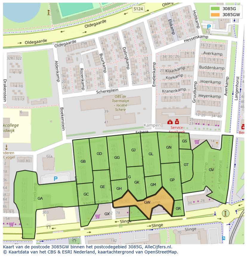 Afbeelding van het postcodegebied 3085 GW op de kaart.