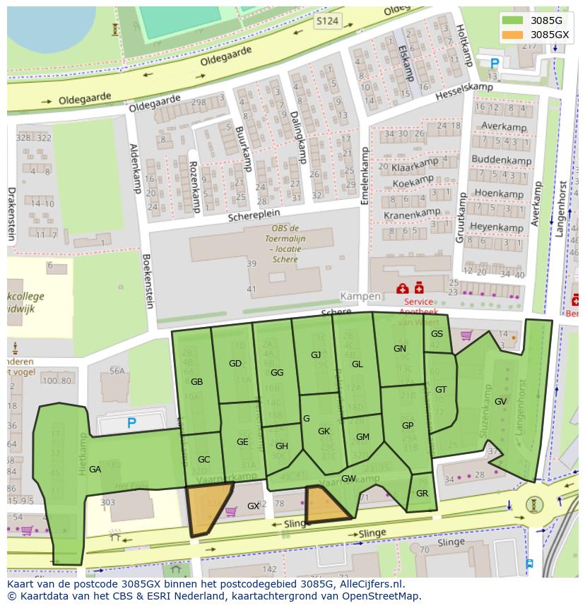 Afbeelding van het postcodegebied 3085 GX op de kaart.