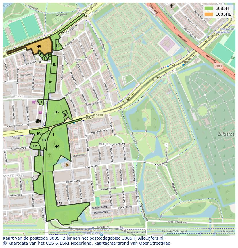 Afbeelding van het postcodegebied 3085 HB op de kaart.