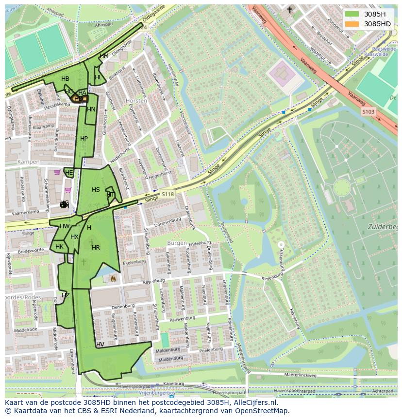 Afbeelding van het postcodegebied 3085 HD op de kaart.