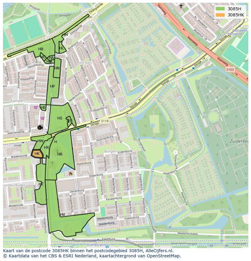 Afbeelding van het postcodegebied 3085 HK op de kaart.