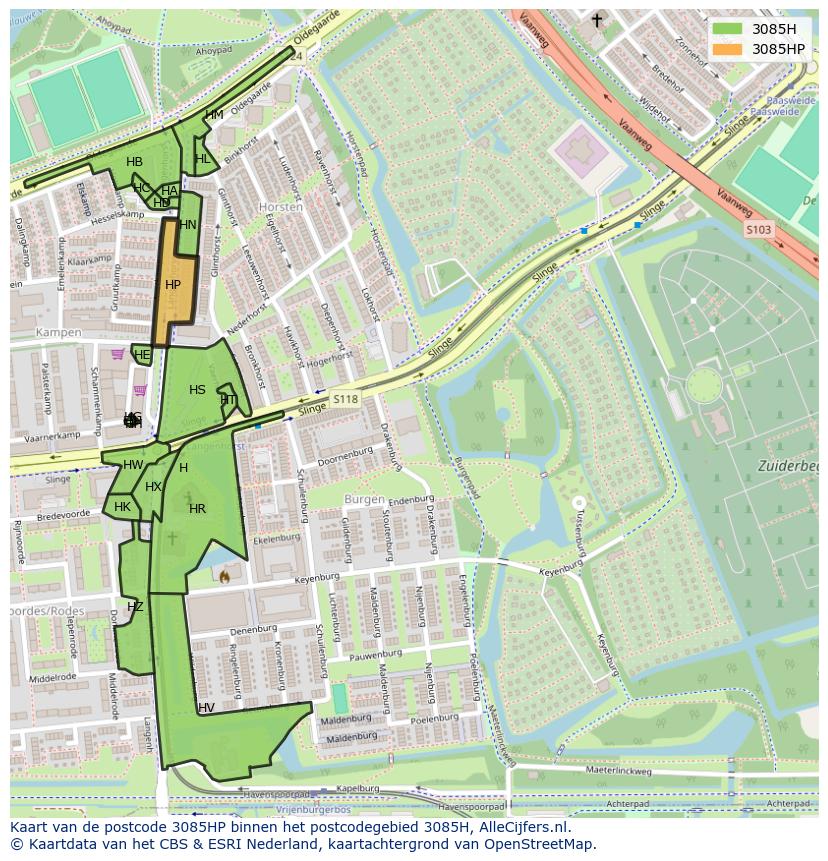 Afbeelding van het postcodegebied 3085 HP op de kaart.