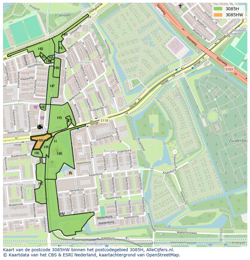 Afbeelding van het postcodegebied 3085 HW op de kaart.