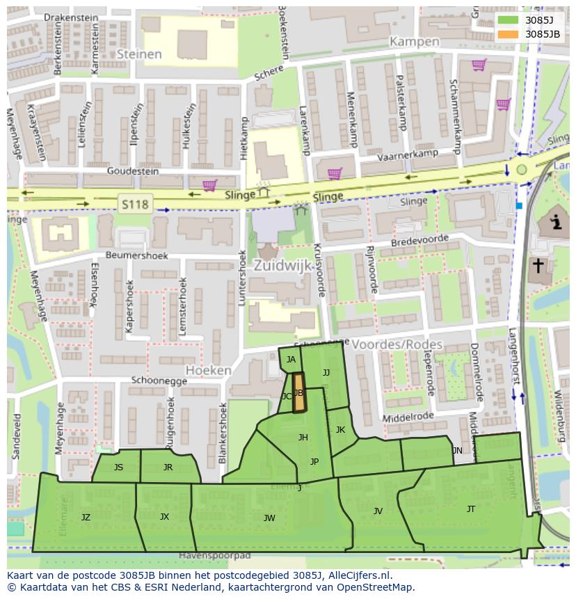 Afbeelding van het postcodegebied 3085 JB op de kaart.