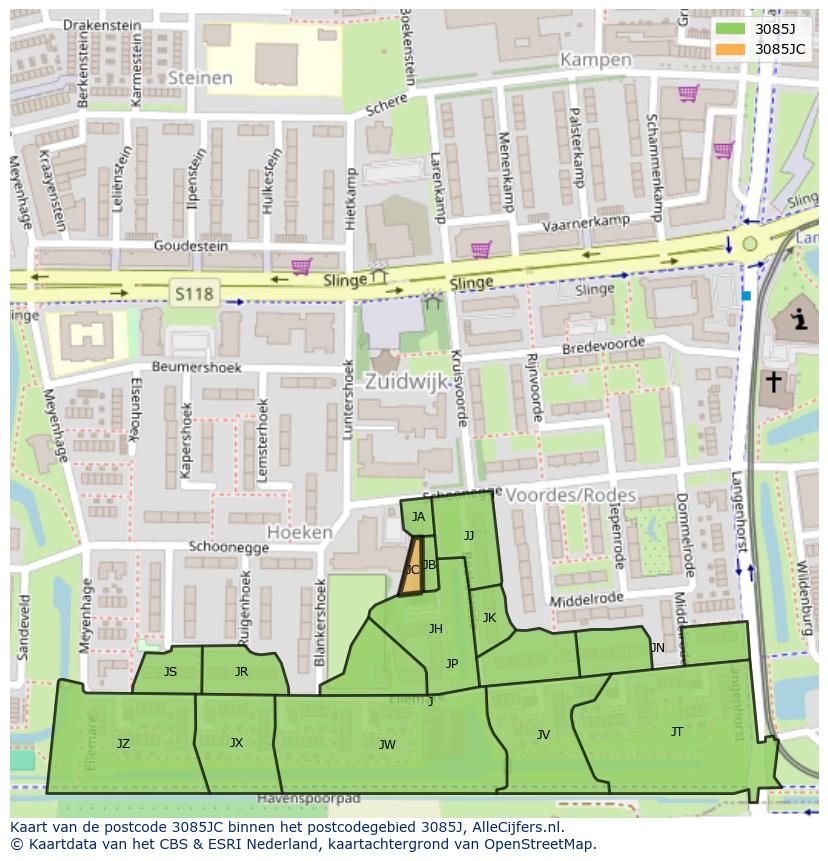 Afbeelding van het postcodegebied 3085 JC op de kaart.