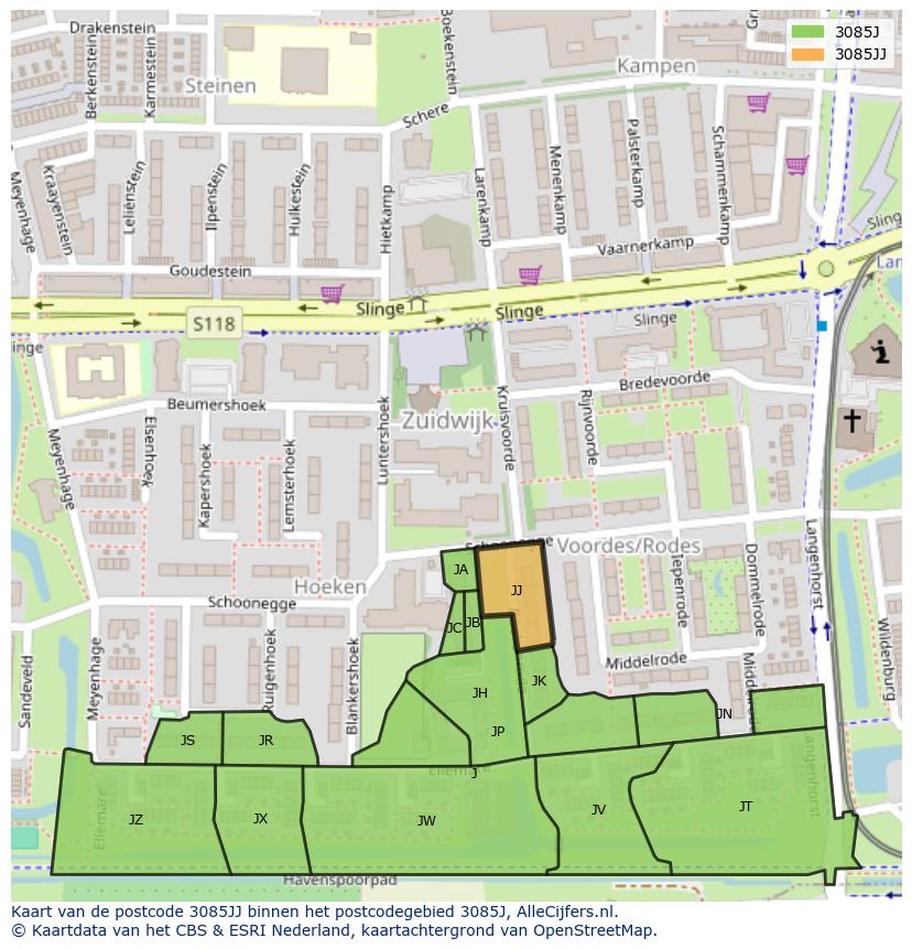 Afbeelding van het postcodegebied 3085 JJ op de kaart.