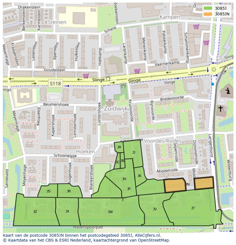 Afbeelding van het postcodegebied 3085 JN op de kaart.