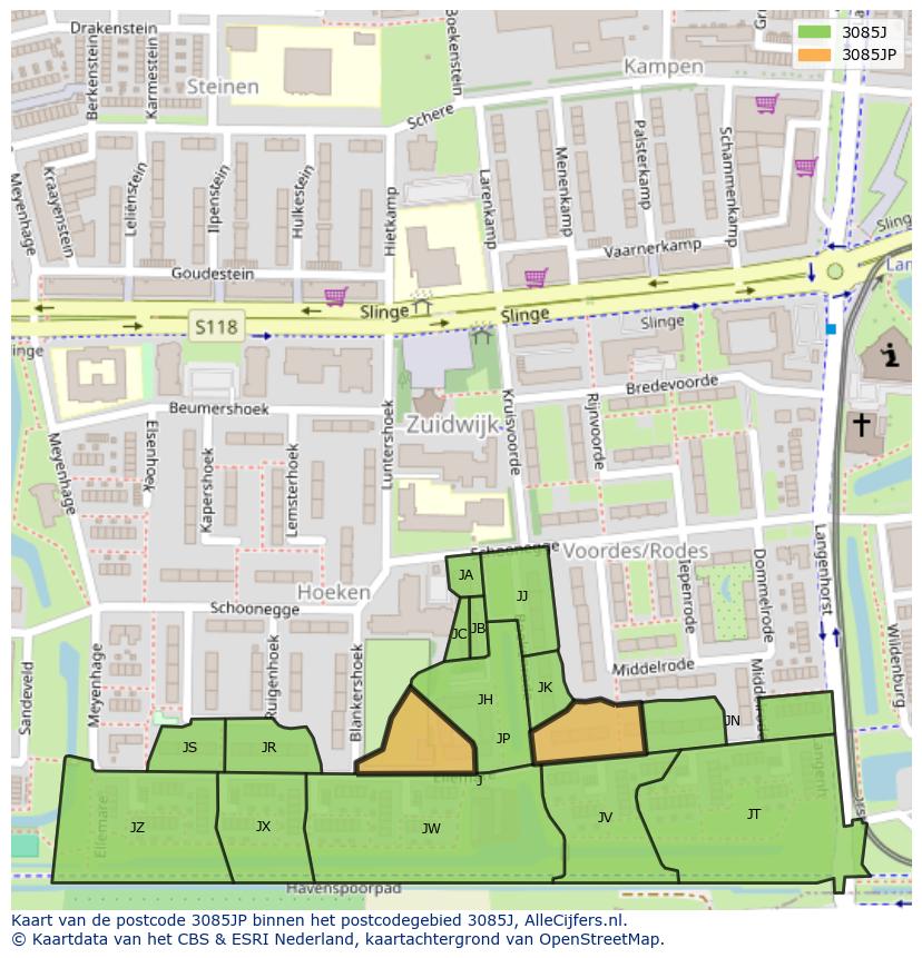 Afbeelding van het postcodegebied 3085 JP op de kaart.