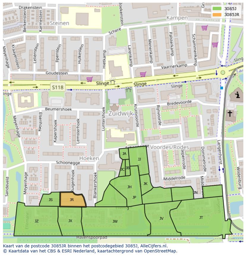 Afbeelding van het postcodegebied 3085 JR op de kaart.