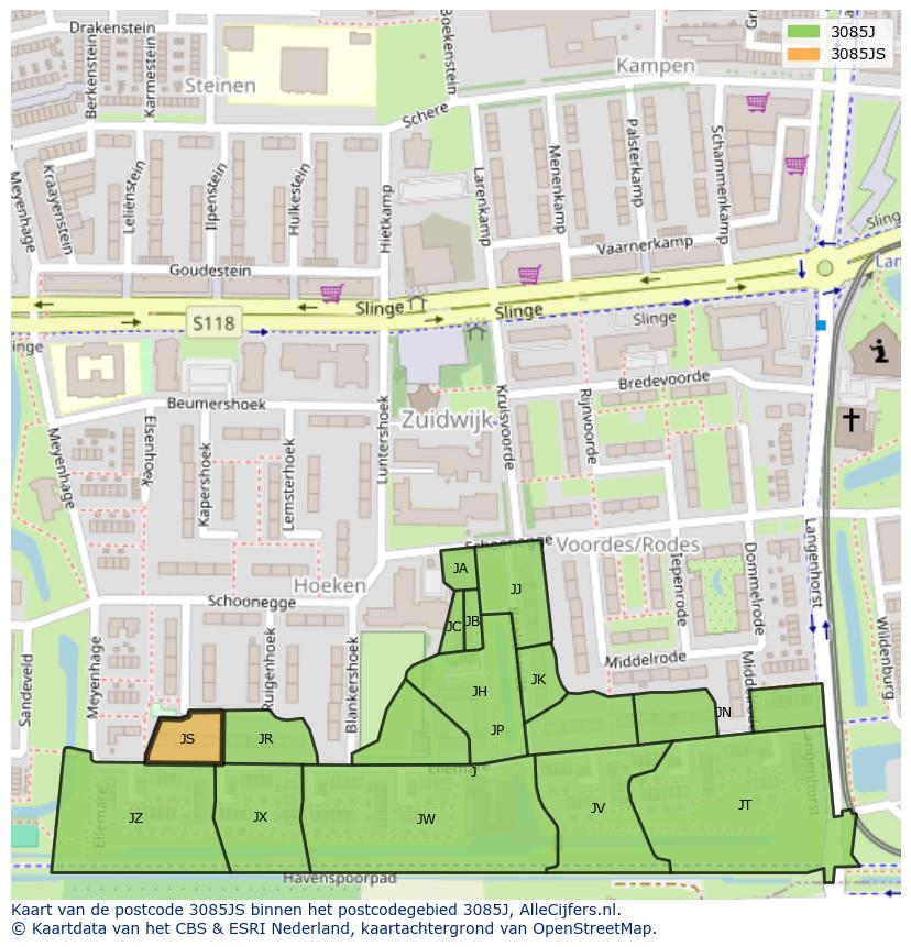 Afbeelding van het postcodegebied 3085 JS op de kaart.