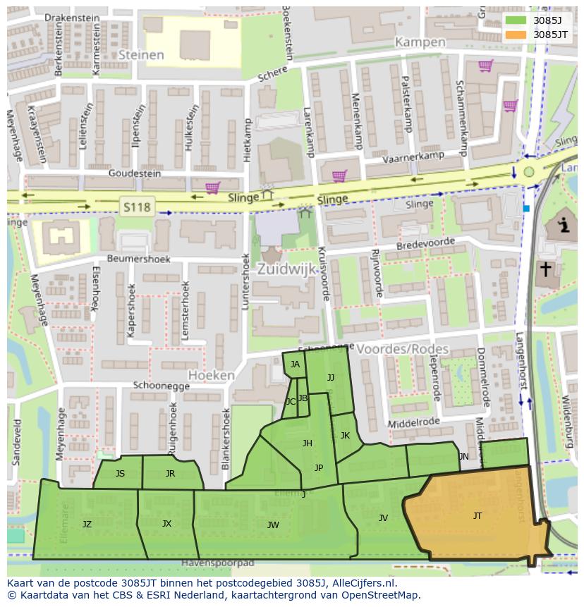 Afbeelding van het postcodegebied 3085 JT op de kaart.