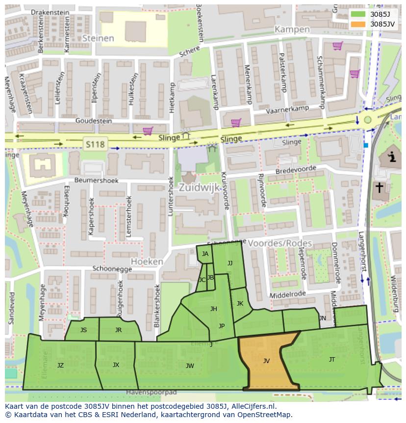 Afbeelding van het postcodegebied 3085 JV op de kaart.