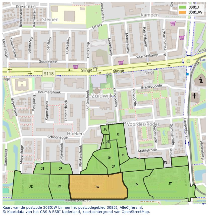 Afbeelding van het postcodegebied 3085 JW op de kaart.
