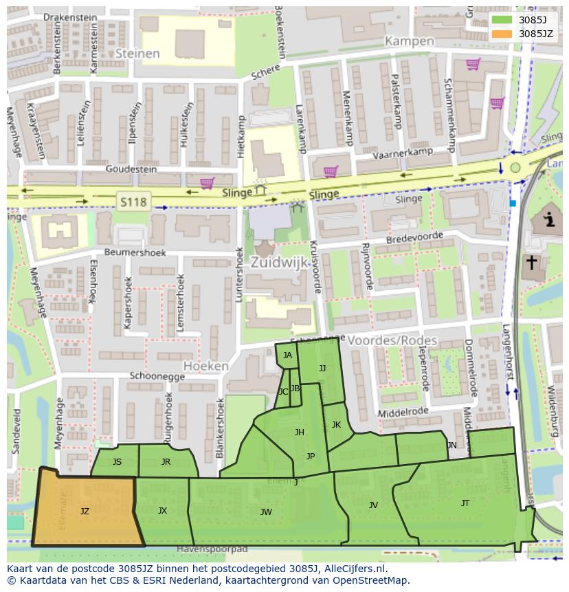 Afbeelding van het postcodegebied 3085 JZ op de kaart.