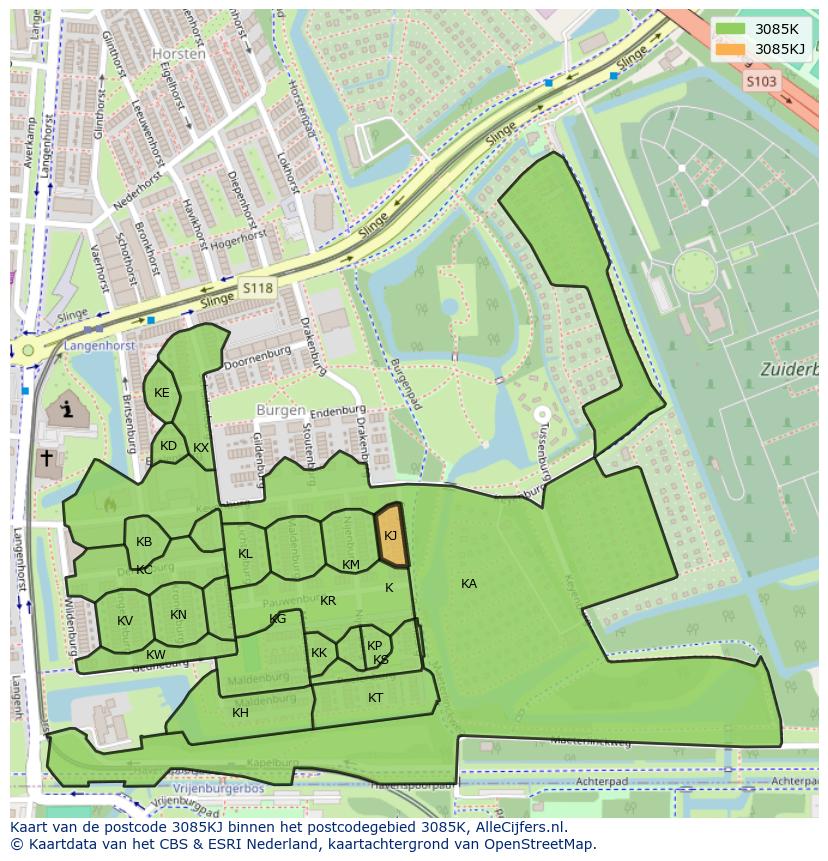 Afbeelding van het postcodegebied 3085 KJ op de kaart.
